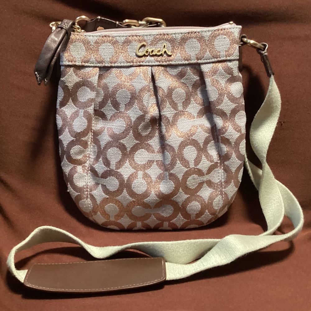 Coach Rose Gold Bronze Signature Op Art Jacquard Pleated Crossbody Bag